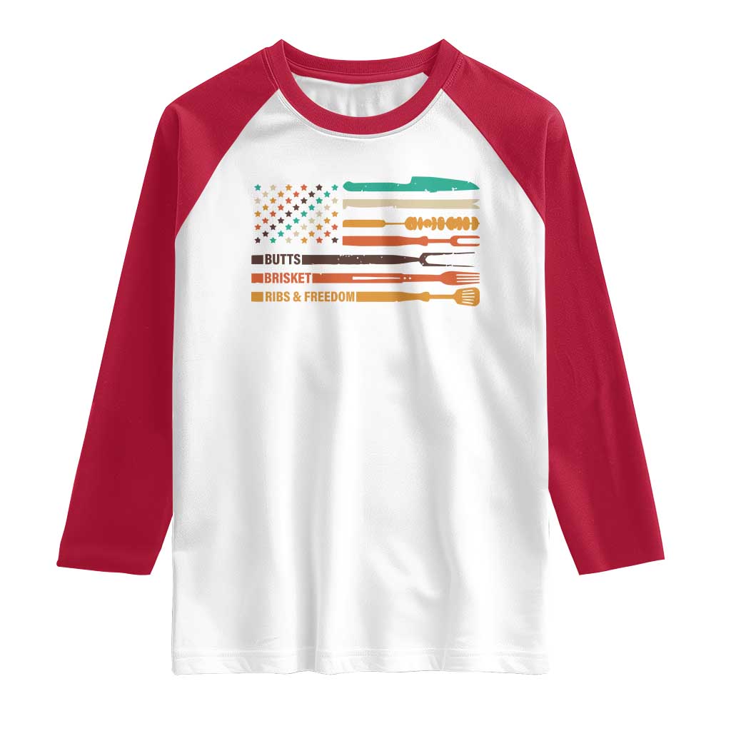 BBQ Raglan Shirt With American Flag Brisket Butts Ribs and Freedom Grilling Gifts TS10 White Red Print Your Wear