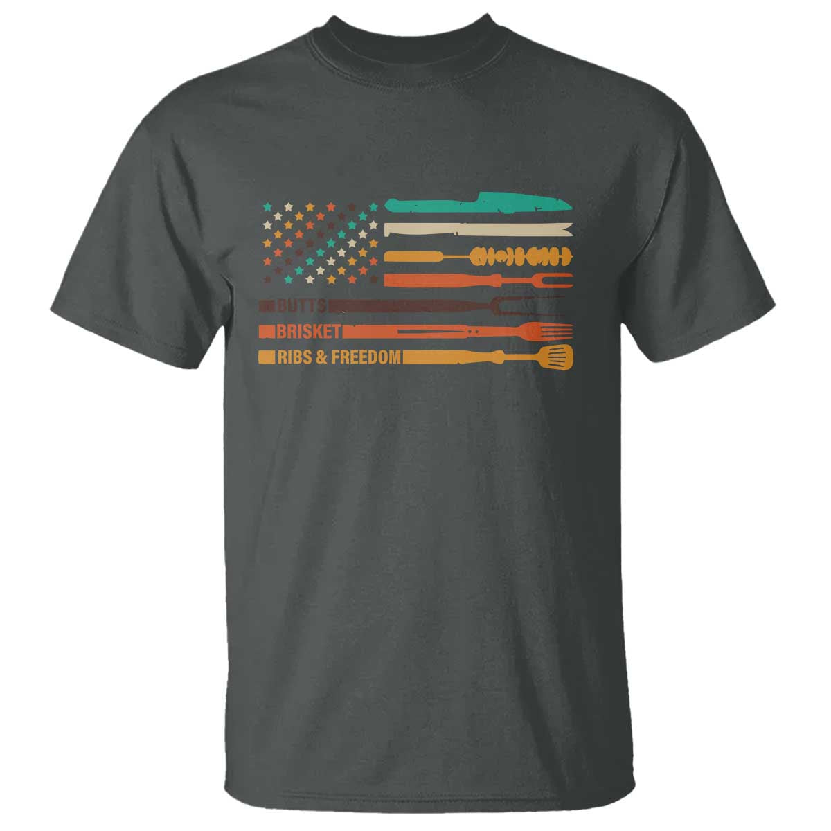 BBQ T Shirt With American Flag Brisket Butts Ribs and Freedom Grilling Gifts TS10 Dark Heather Print Your Wear
