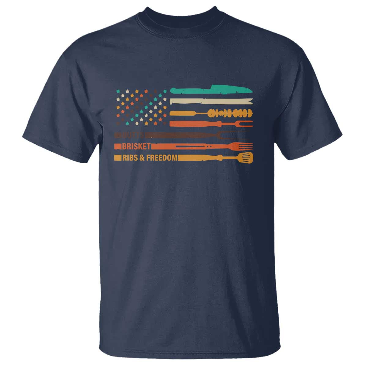 BBQ T Shirt With American Flag Brisket Butts Ribs and Freedom Grilling Gifts TS10 Navy Print Your Wear