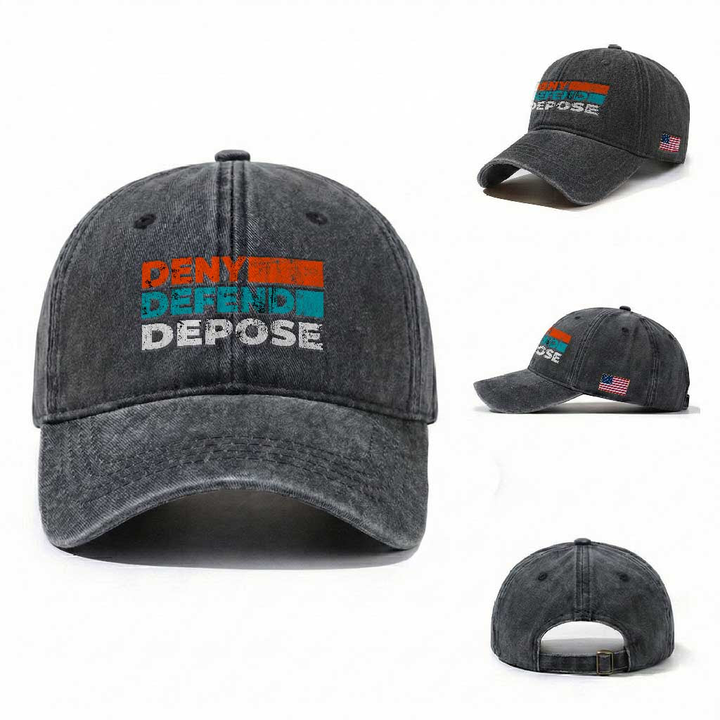 Deny Defend Depose Washed Cotton Baseball Cap Vintage Retro TS10 Washed Cap Universal Fit Dark Gray Print Your Wear