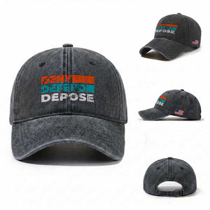Deny Defend Depose Washed Cotton Baseball Cap Vintage Retro TS10 Washed Cap Universal Fit Dark Gray Print Your Wear