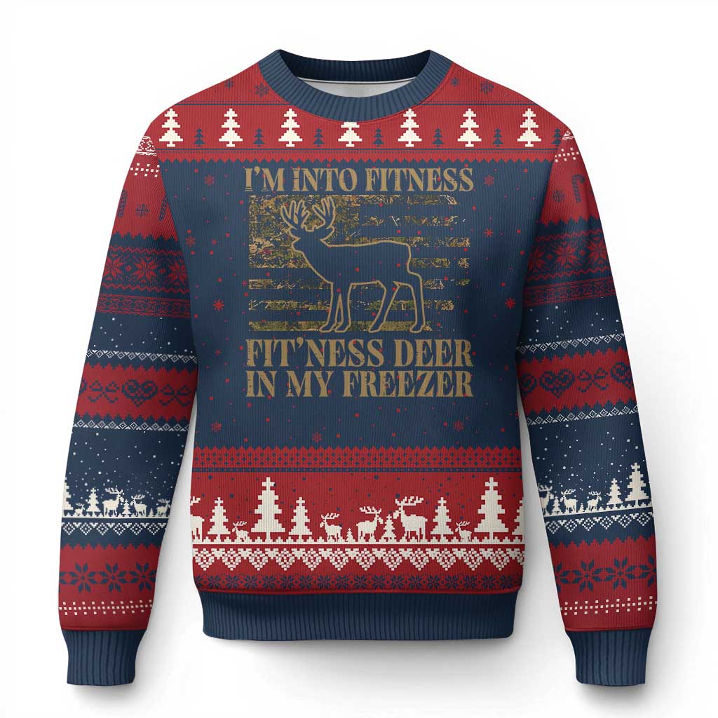 Deer Hunting Ugly Christmas Sweater Im Into Fitness Fit Ness Deer Freezer Camo American Flag - Print Your Wear