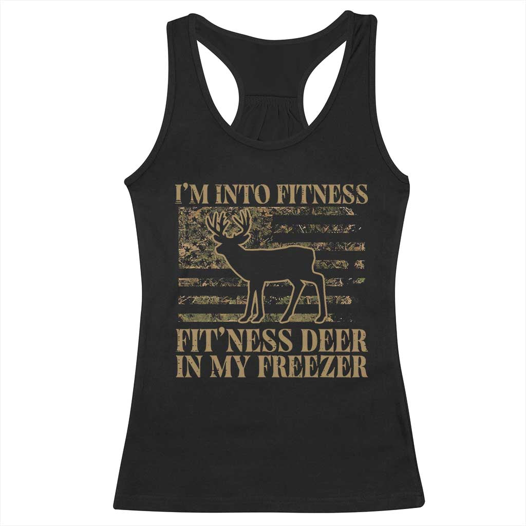 Deer Hunting Racerback Tank Top Im Into Fitness Fit Ness Deer Freezer Camo American Flag - Print Your Wear