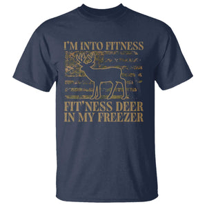 Deer Hunting T Shirt Im Into Fitness Fit Ness Deer Freezer Camo American Flag - Print Your Wear