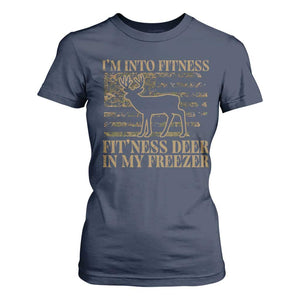 Deer Hunting T Shirt For Women Im Into Fitness Fit Ness Deer Freezer Camo American Flag - Print Your Wear