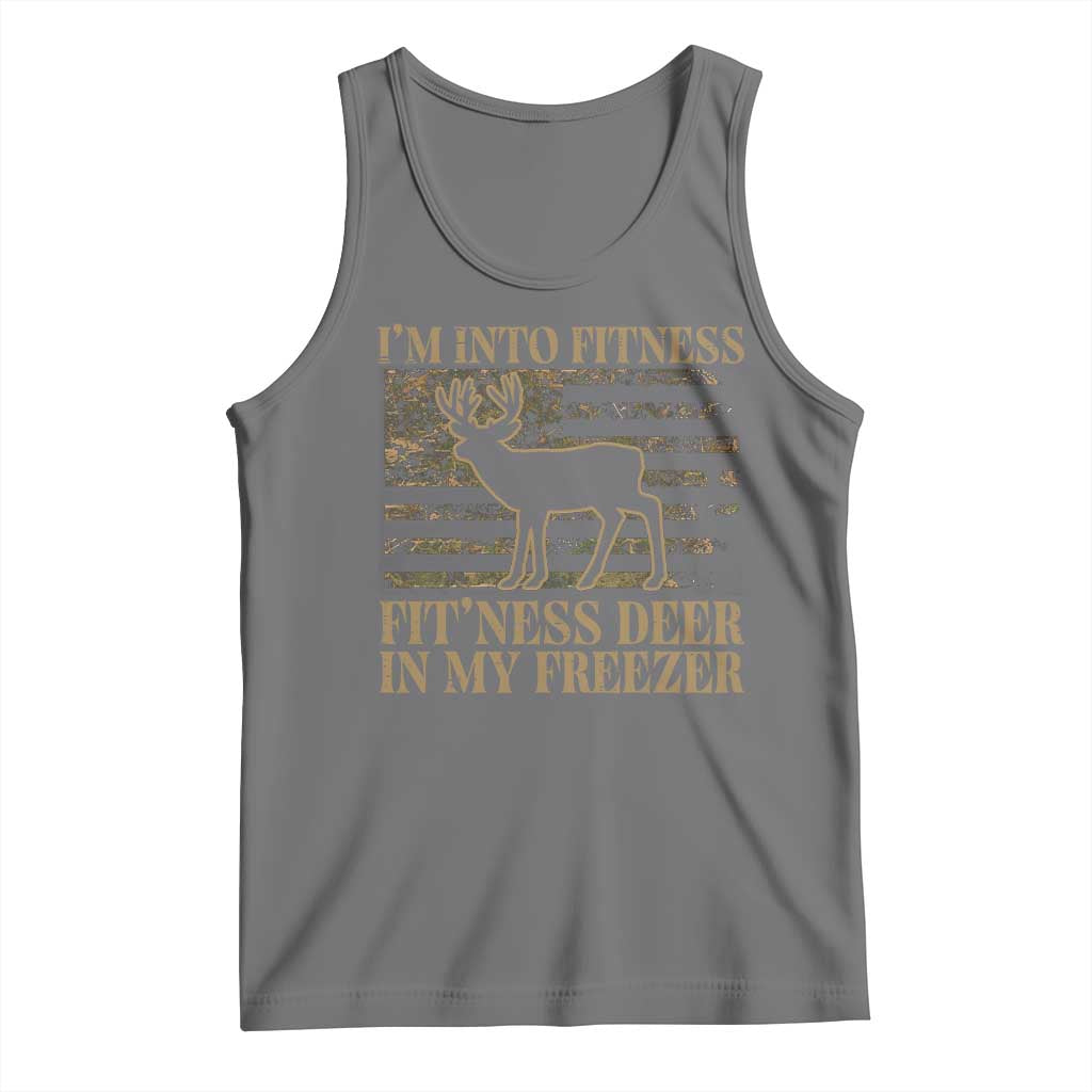 Deer Hunting Tank Top Im Into Fitness Fit Ness Deer Freezer Camo American Flag TS10 Black Heather Print Your Wear