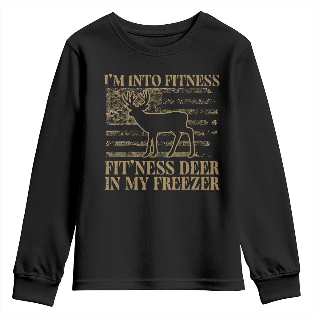 Deer Hunting Youth Sweatshirt Im Into Fitness Fit Ness Deer Freezer Camo American Flag - Print Your Wear