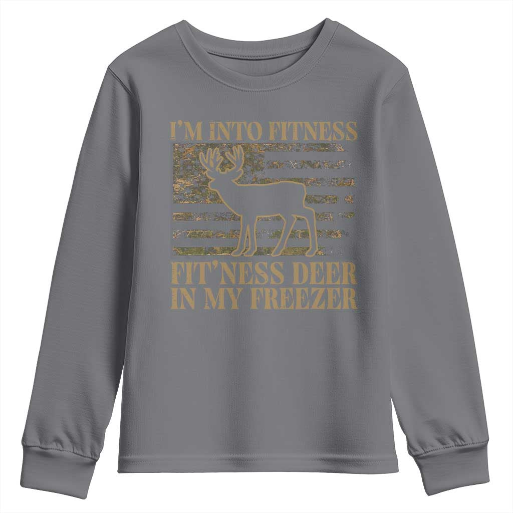 Deer Hunting Youth Sweatshirt Im Into Fitness Fit Ness Deer Freezer Camo American Flag TS10 Charcoal Print Your Wear