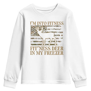 Deer Hunting Youth Sweatshirt Im Into Fitness Fit Ness Deer Freezer Camo American Flag - Print Your Wear