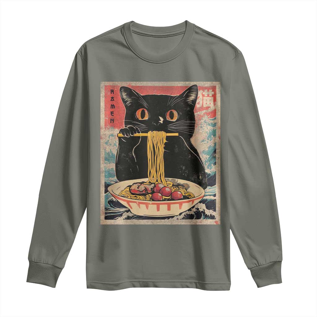 Japanese Ramen Long Sleeve Shirt Funny Graphic Tees Foodies Kawaii Cat Anime Gifts TS10 Military Green Print Your Wear