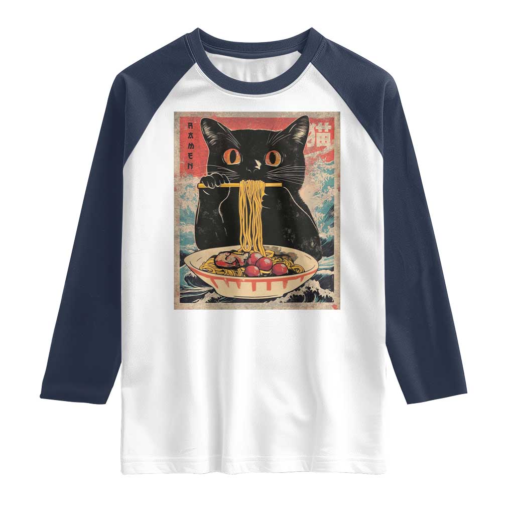 Japanese Ramen Raglan Shirt Funny Graphic Tees Foodies Kawaii Cat Anime Gifts TS10 White Navy Print Your Wear