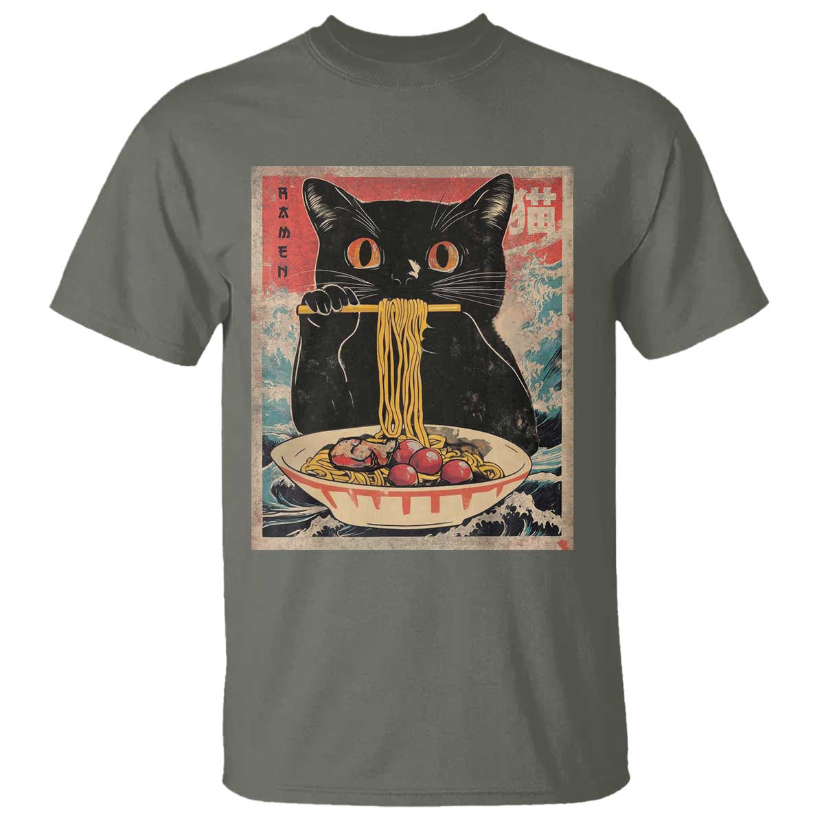 Japanese Ramen T Shirt Funny Graphic Tees Foodies Kawaii Cat Anime Gifts TS10 Military Green Print Your Wear