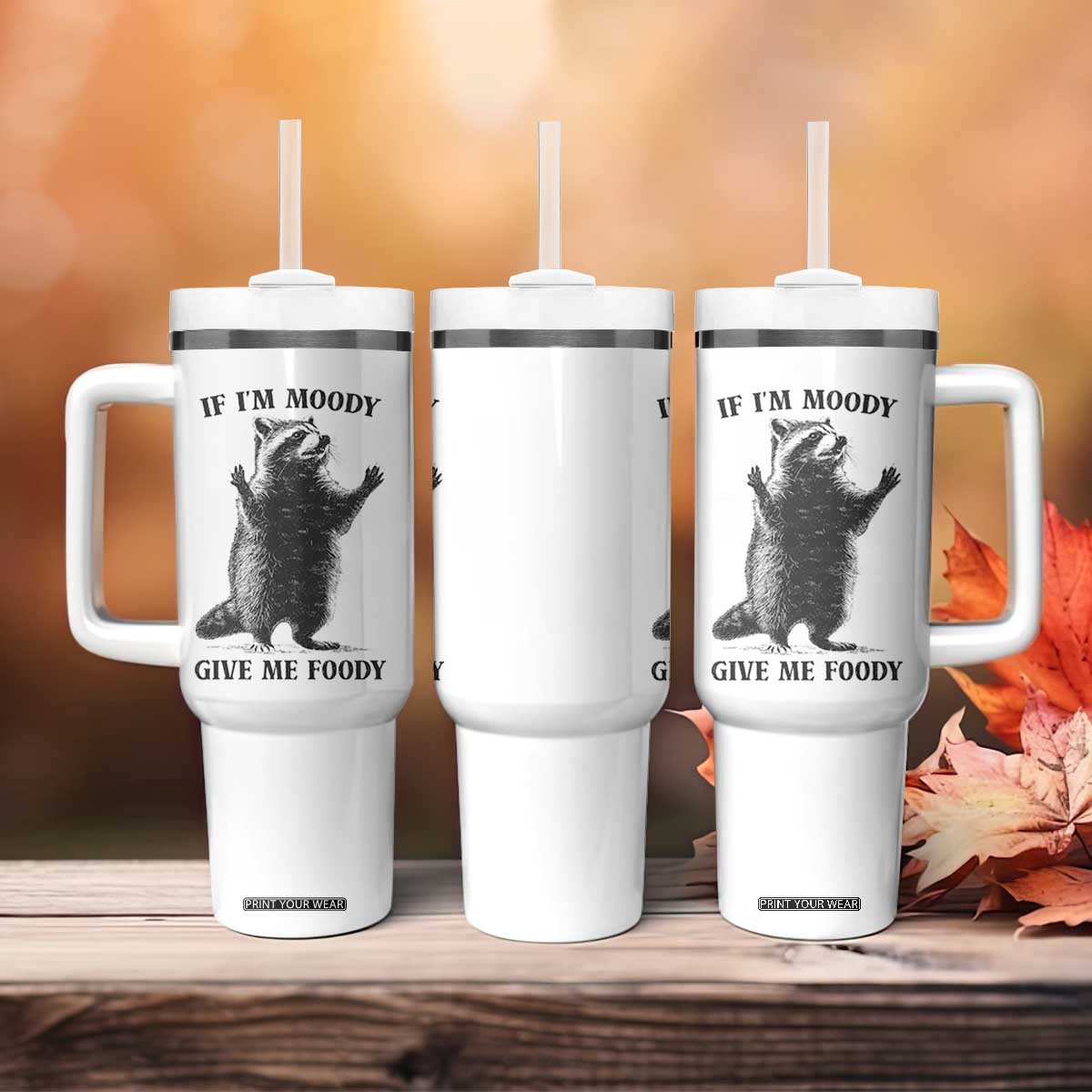 Raccoon Meme Tumbler With Handle If I'm Moody Give Me Foody Feral Gag Gift TS10 Print Your Wear