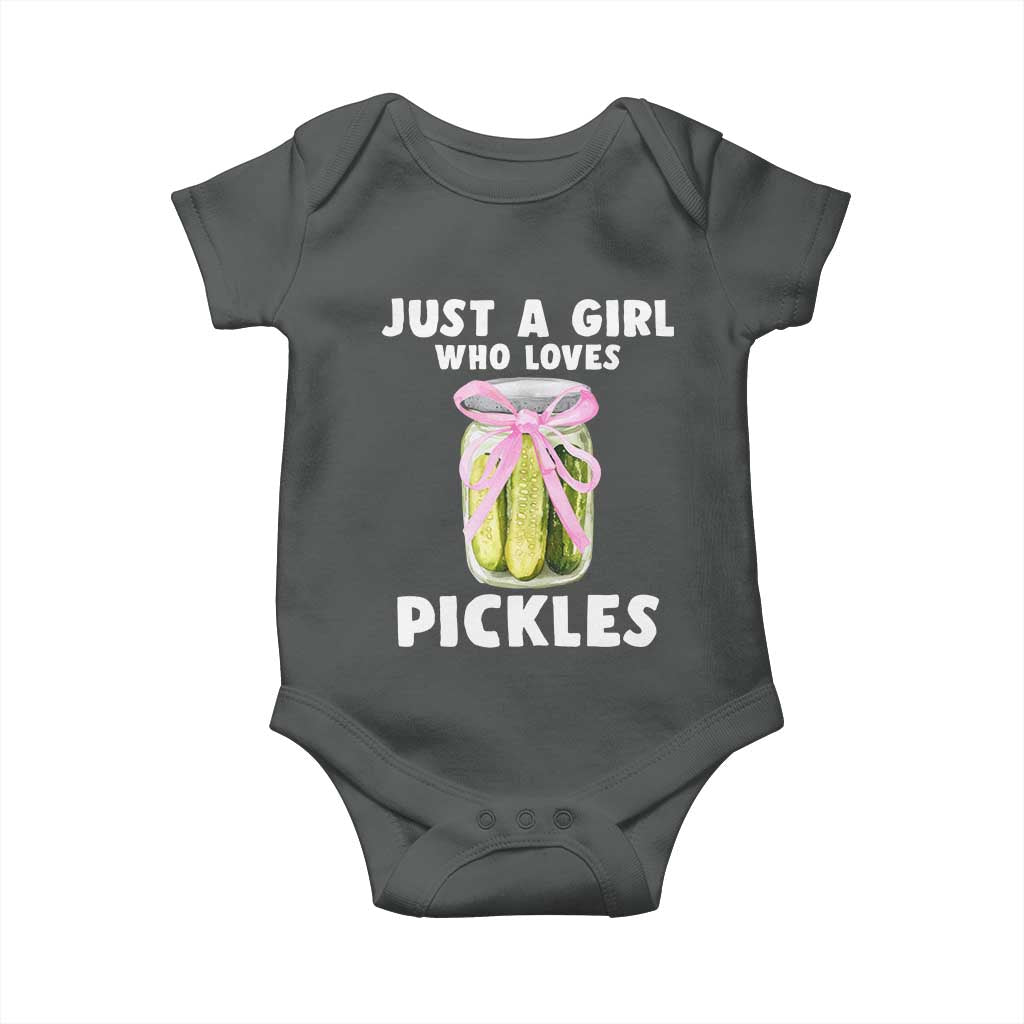 Just a Girl Who Loves Pickles Baby Onesie Pickle Jars with Coquette Bow TS10 Dark Heather Print Your Wear