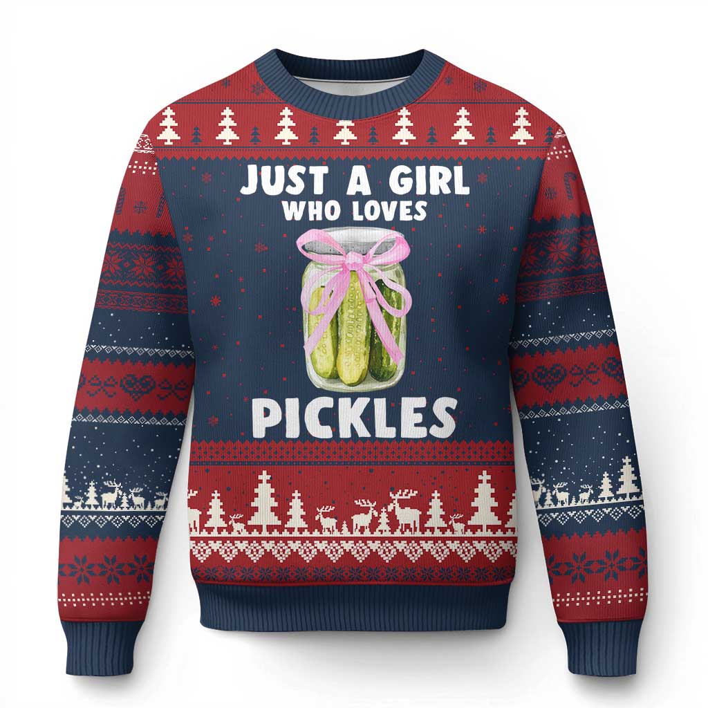 Just a Girl Who Loves Pickles Ugly Christmas Sweater Pickle Jars with Coquette Bow TS10 Navy Red Print Your Wear