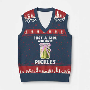 Just a Girl Who Loves Pickles V-Neck Knit Sweater Vest Pickle Jars with Coquette Bow TS10 Navy Red Print Your Wear