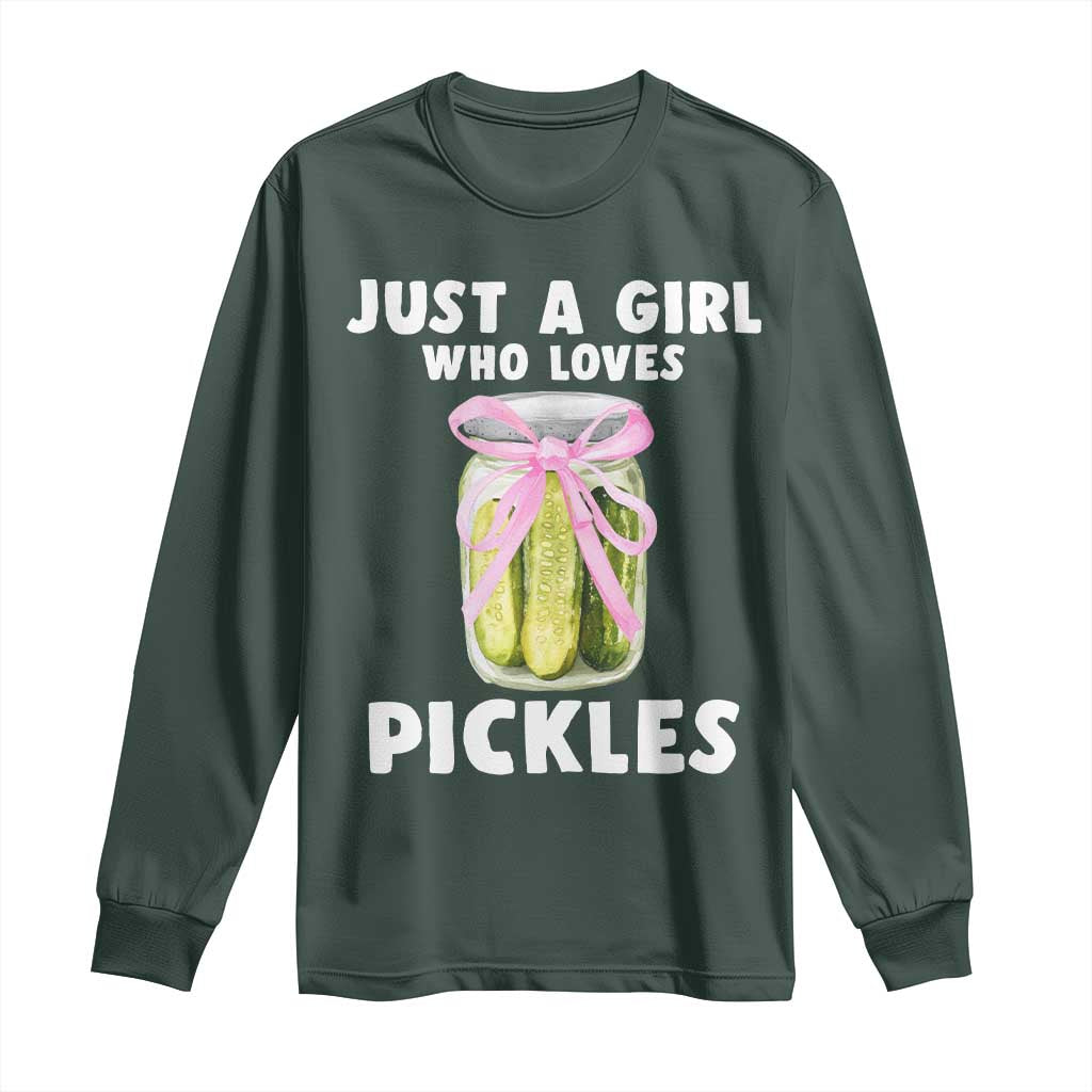 Just a Girl Who Loves Pickles Long Sleeve Shirt Pickle Jars with Coquette Bow TS10 Dark Forest Green Print Your Wear