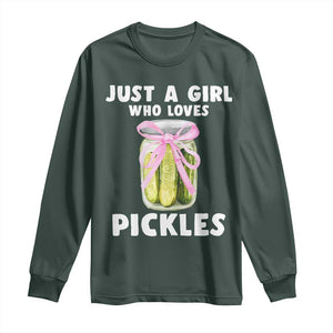 Just a Girl Who Loves Pickles Long Sleeve Shirt Pickle Jars with Coquette Bow TS10 Dark Forest Green Print Your Wear