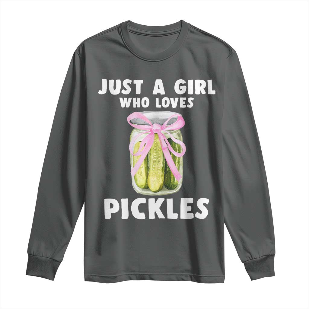 Just a Girl Who Loves Pickles Long Sleeve Shirt Pickle Jars with Coquette Bow TS10 Dark Heather Print Your Wear