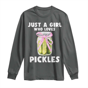 Just a Girl Who Loves Pickles Long Sleeve Shirt Pickle Jars with Coquette Bow TS10 Dark Heather Print Your Wear