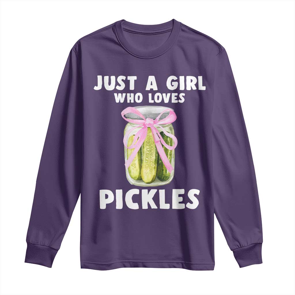 Just a Girl Who Loves Pickles Long Sleeve Shirt Pickle Jars with Coquette Bow TS10 Purple Print Your Wear