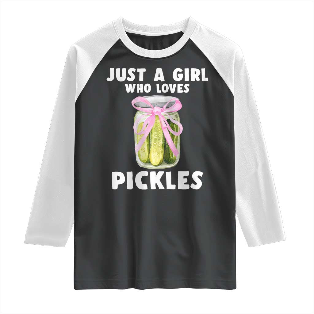 Just a Girl Who Loves Pickles Raglan Shirt Pickle Jars with Coquette Bow TS10 Black White Print Your Wear