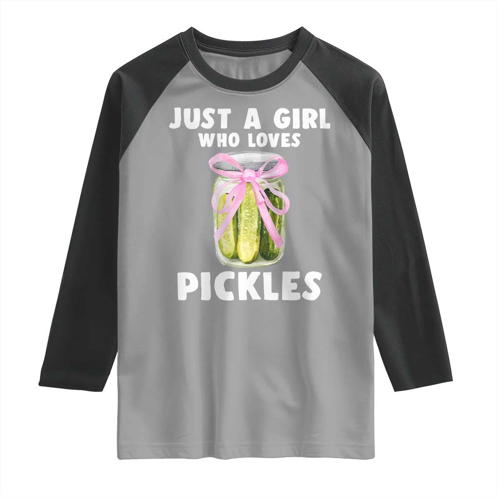 Just a Girl Who Loves Pickles Raglan Shirt Pickle Jars with Coquette Bow TS10 Sport Gray Black Print Your Wear
