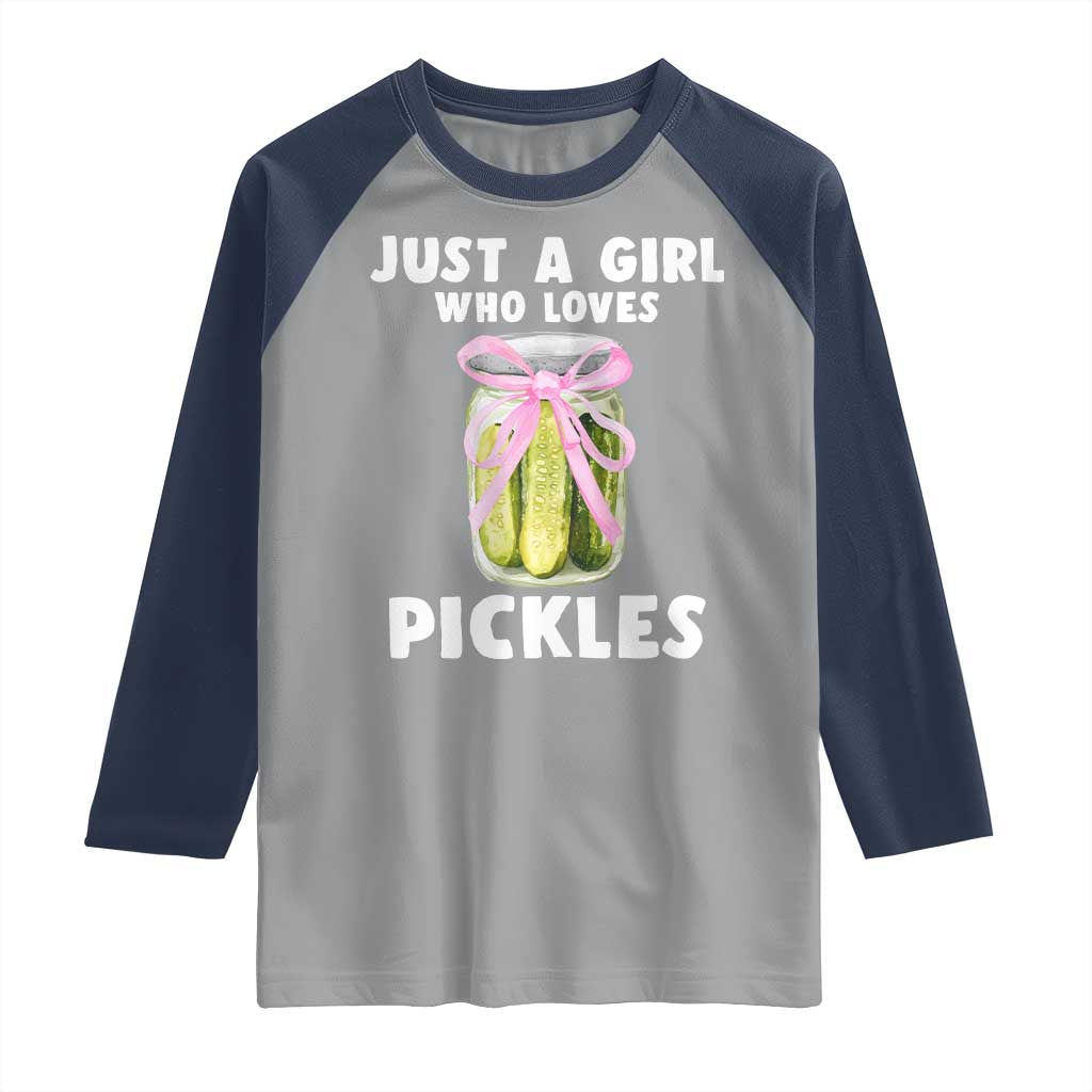 Just a Girl Who Loves Pickles Raglan Shirt Pickle Jars with Coquette Bow TS10 Sport Gray Navy Print Your Wear