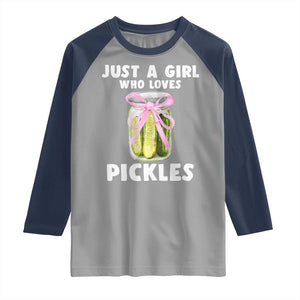 Just a Girl Who Loves Pickles Raglan Shirt Pickle Jars with Coquette Bow TS10 Sport Gray Navy Print Your Wear