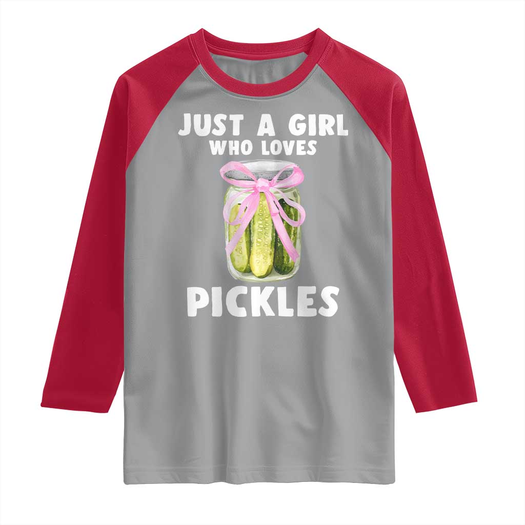 Just a Girl Who Loves Pickles Raglan Shirt Pickle Jars with Coquette Bow TS10 Sport Gray Red Print Your Wear