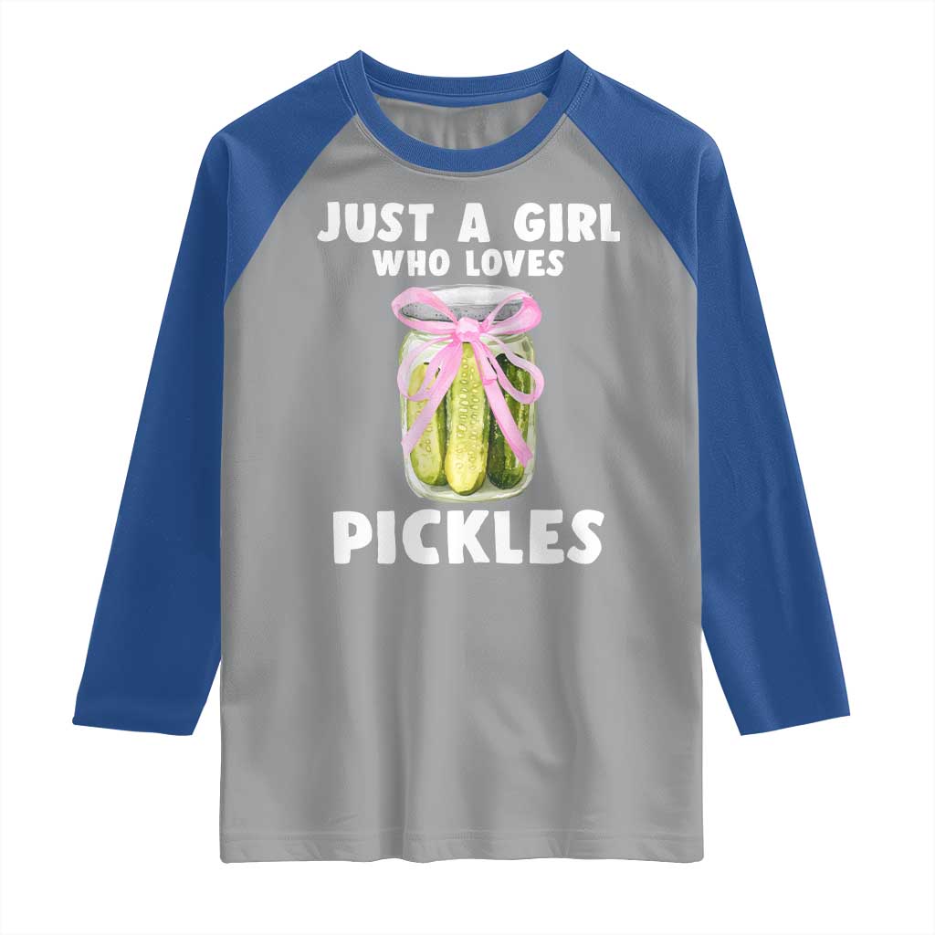 Just a Girl Who Loves Pickles Raglan Shirt Pickle Jars with Coquette Bow TS10 Sport Gray Royal Print Your Wear