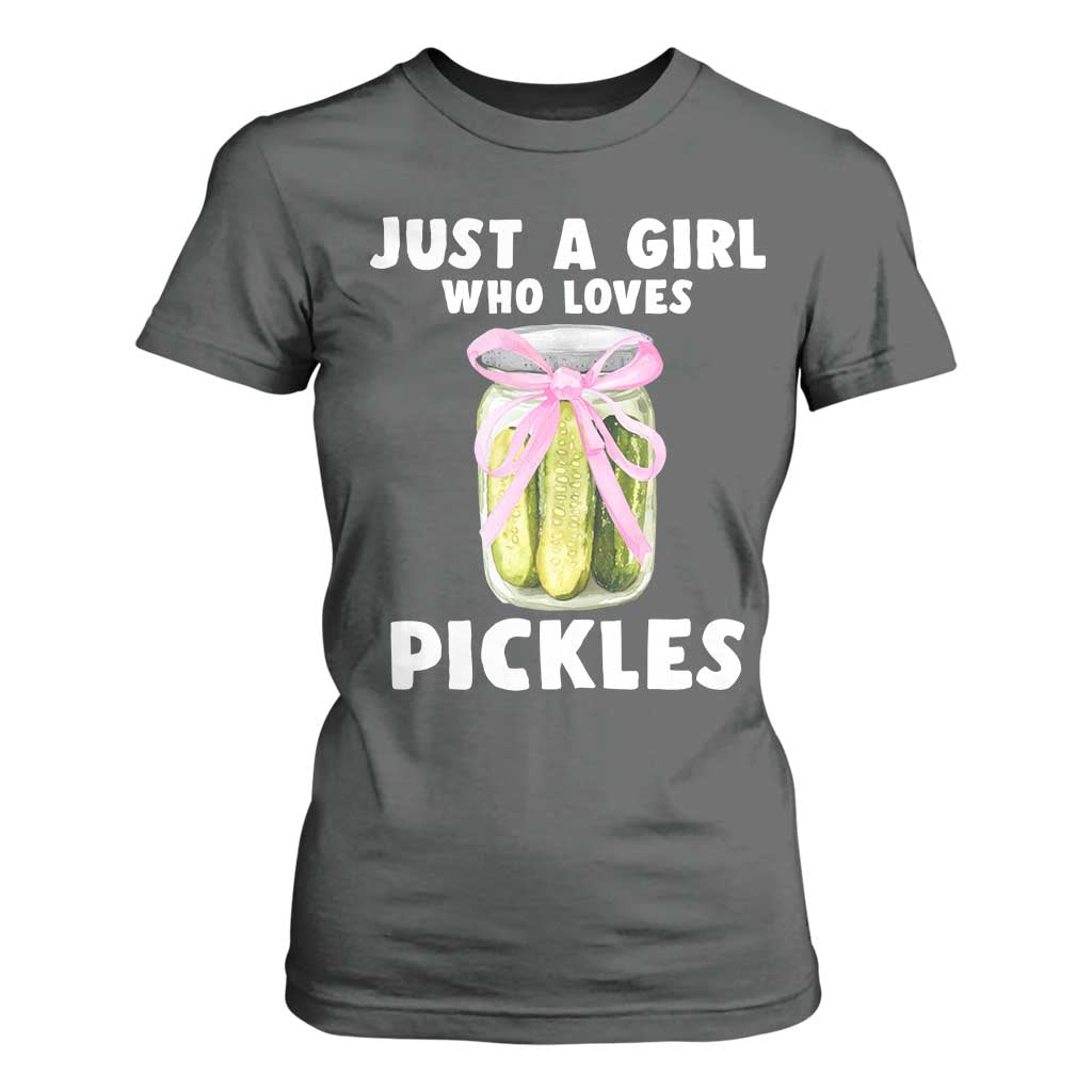 Just a Girl Who Loves Pickles T Shirt For Women Pickle Jars with Coquette Bow TS10 Dark Heather Print Your Wear