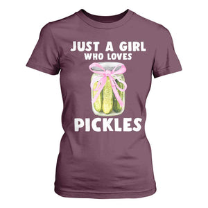 Just a Girl Who Loves Pickles T Shirt For Women Pickle Jars with Coquette Bow TS10 Maroon Print Your Wear