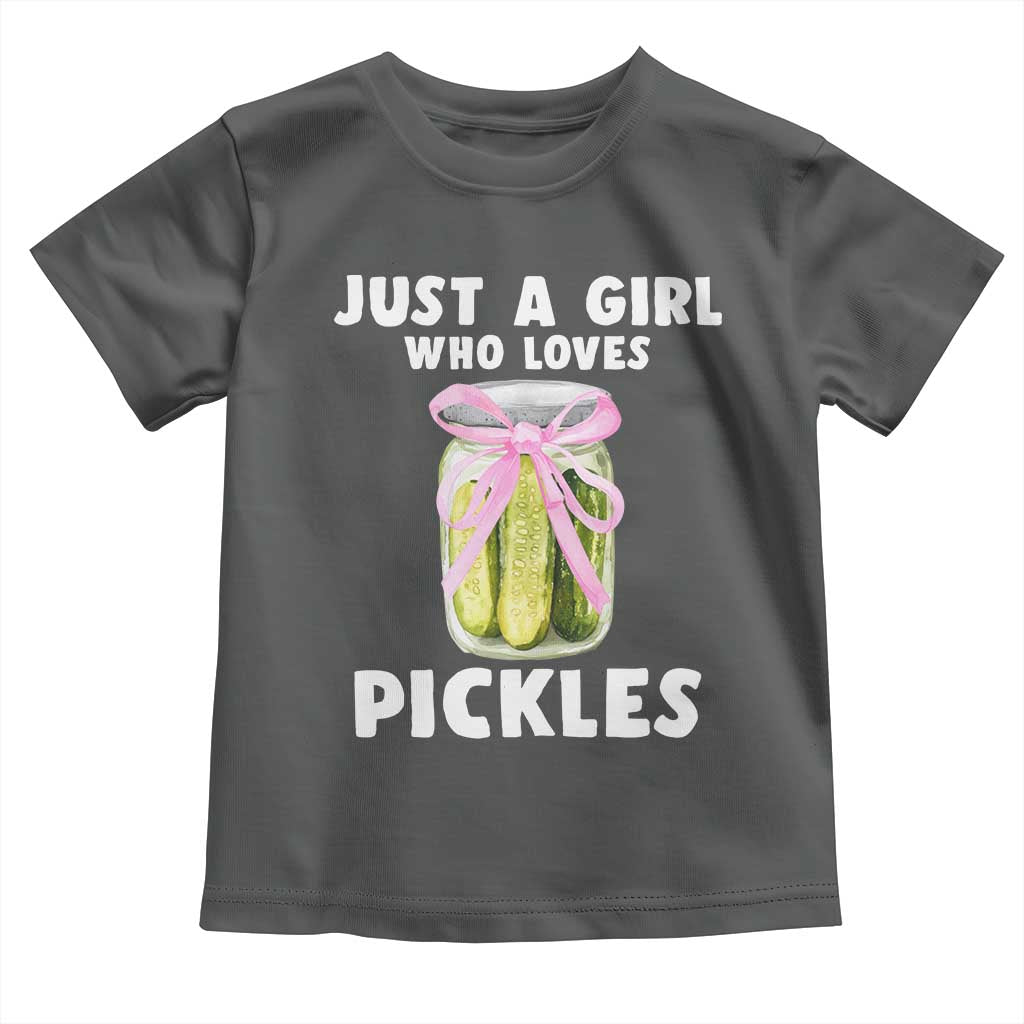 Just a Girl Who Loves Pickles Toddler T Shirt Pickle Jars with Coquette Bow TS10 Dark Heather Print Your Wear