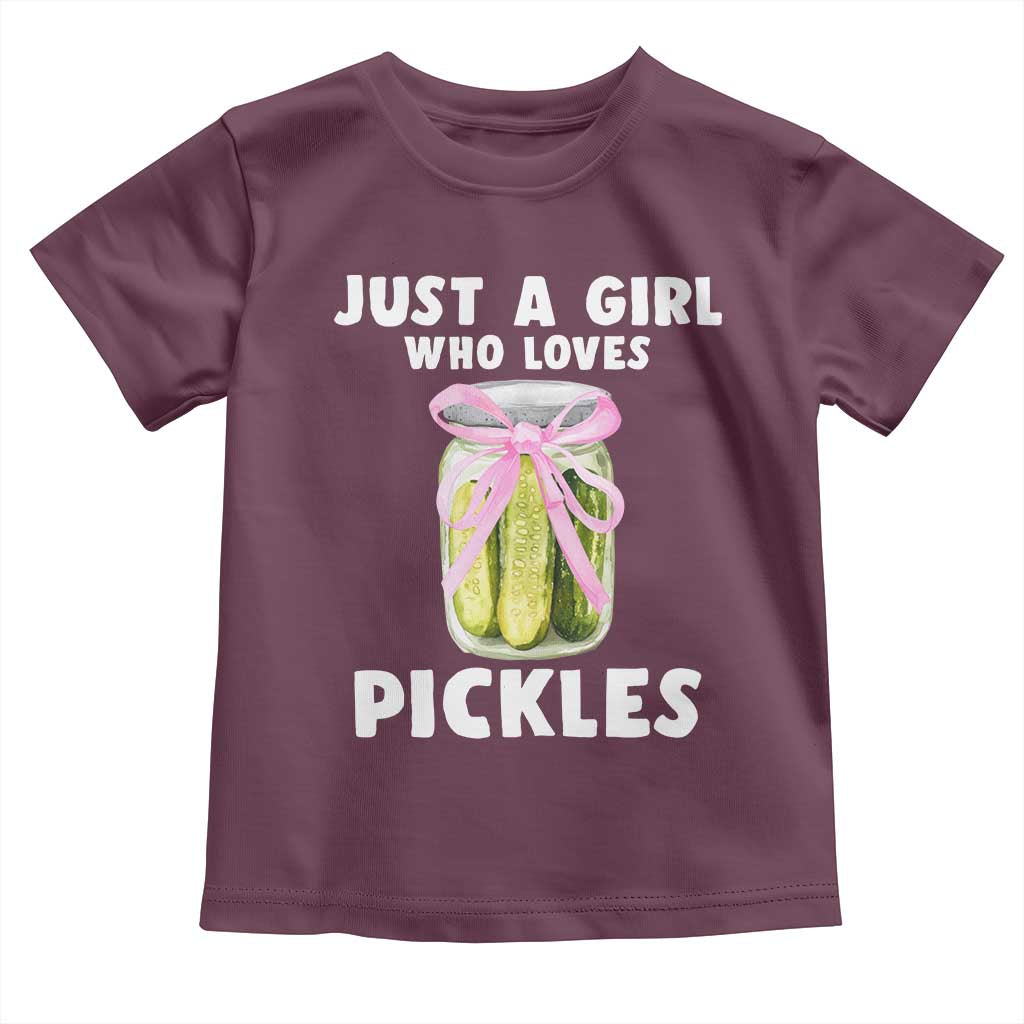 Just a Girl Who Loves Pickles Toddler T Shirt Pickle Jars with Coquette Bow TS10 Maroon Print Your Wear