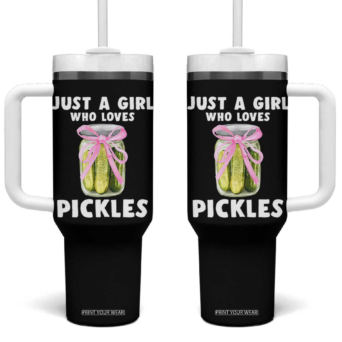 Just a Girl Who Loves Pickles Tumbler With Handle Pickle Jars with Coquette Bow TS10 One Size: 40 oz Black Print Your Wear