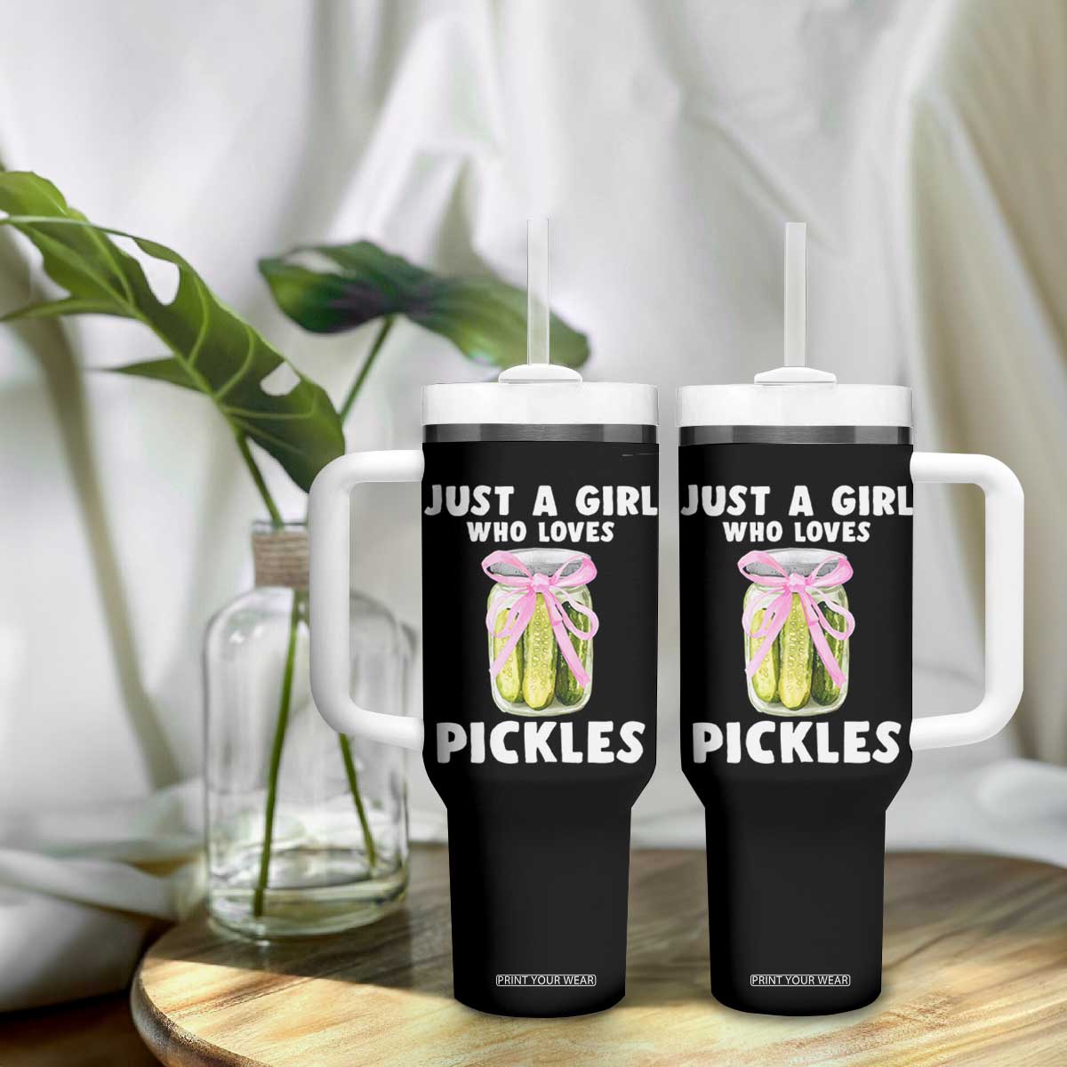Just a Girl Who Loves Pickles Tumbler With Handle Pickle Jars with Coquette Bow TS10 Print Your Wear
