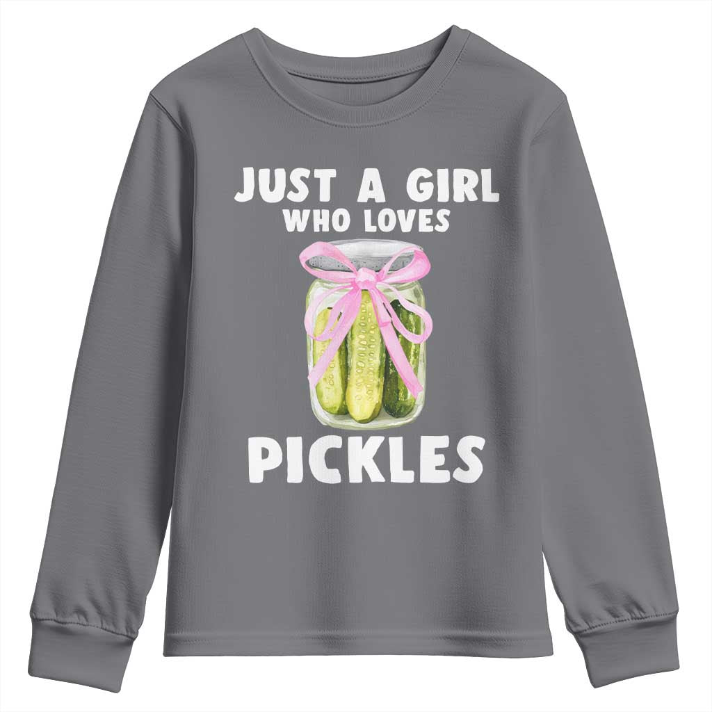 Just a Girl Who Loves Pickles Youth Sweatshirt Pickle Jars with Coquette Bow TS10 Charcoal Print Your Wear