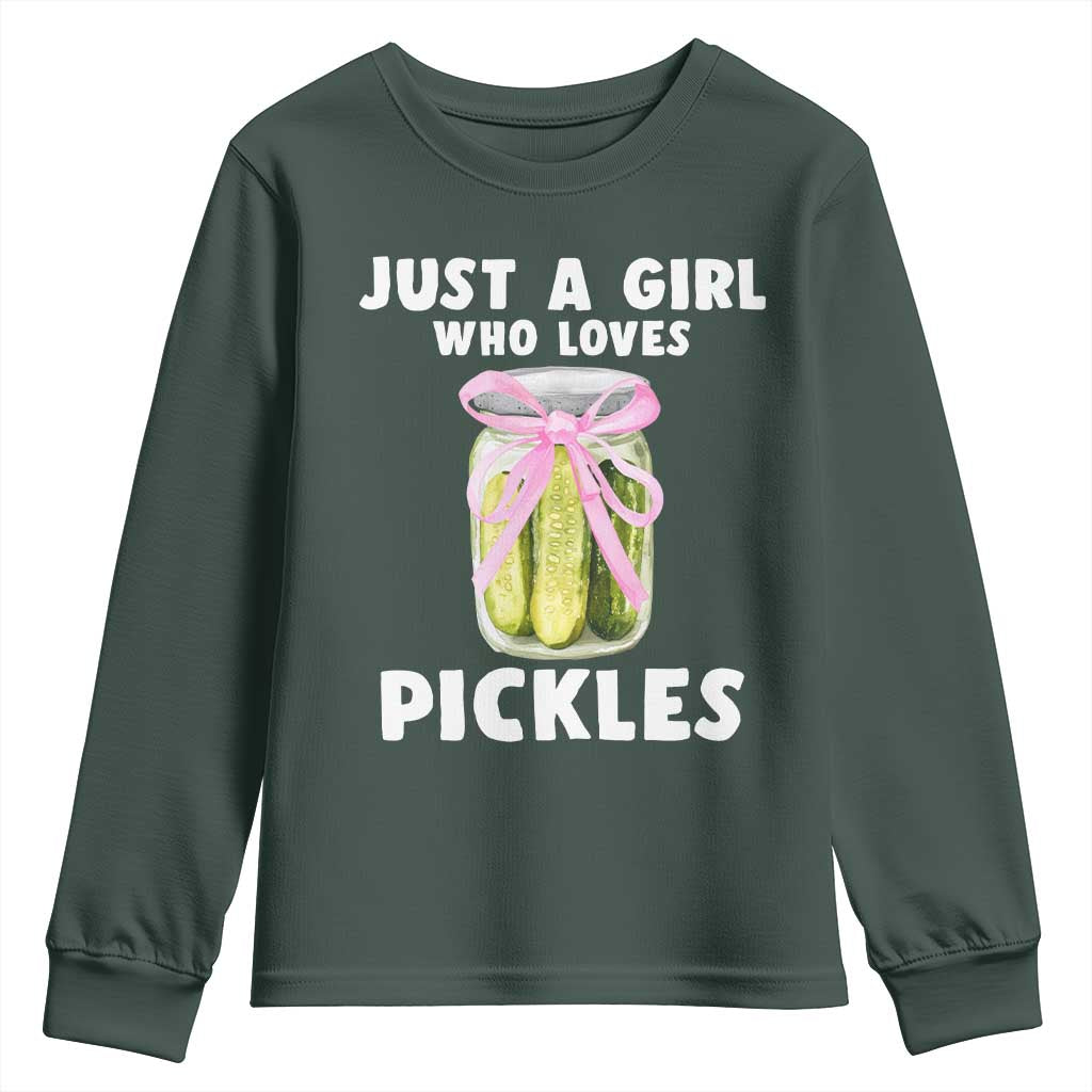 Just a Girl Who Loves Pickles Youth Sweatshirt Pickle Jars with Coquette Bow TS10 Dark Forest Green Print Your Wear