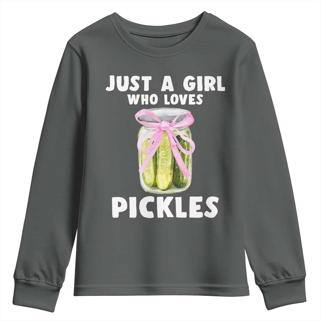 Just a Girl Who Loves Pickles Youth Sweatshirt Pickle Jars with Coquette Bow TS10 Dark Heather Print Your Wear