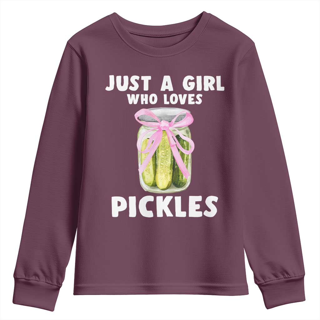 Just a Girl Who Loves Pickles Youth Sweatshirt Pickle Jars with Coquette Bow TS10 Maroon Print Your Wear