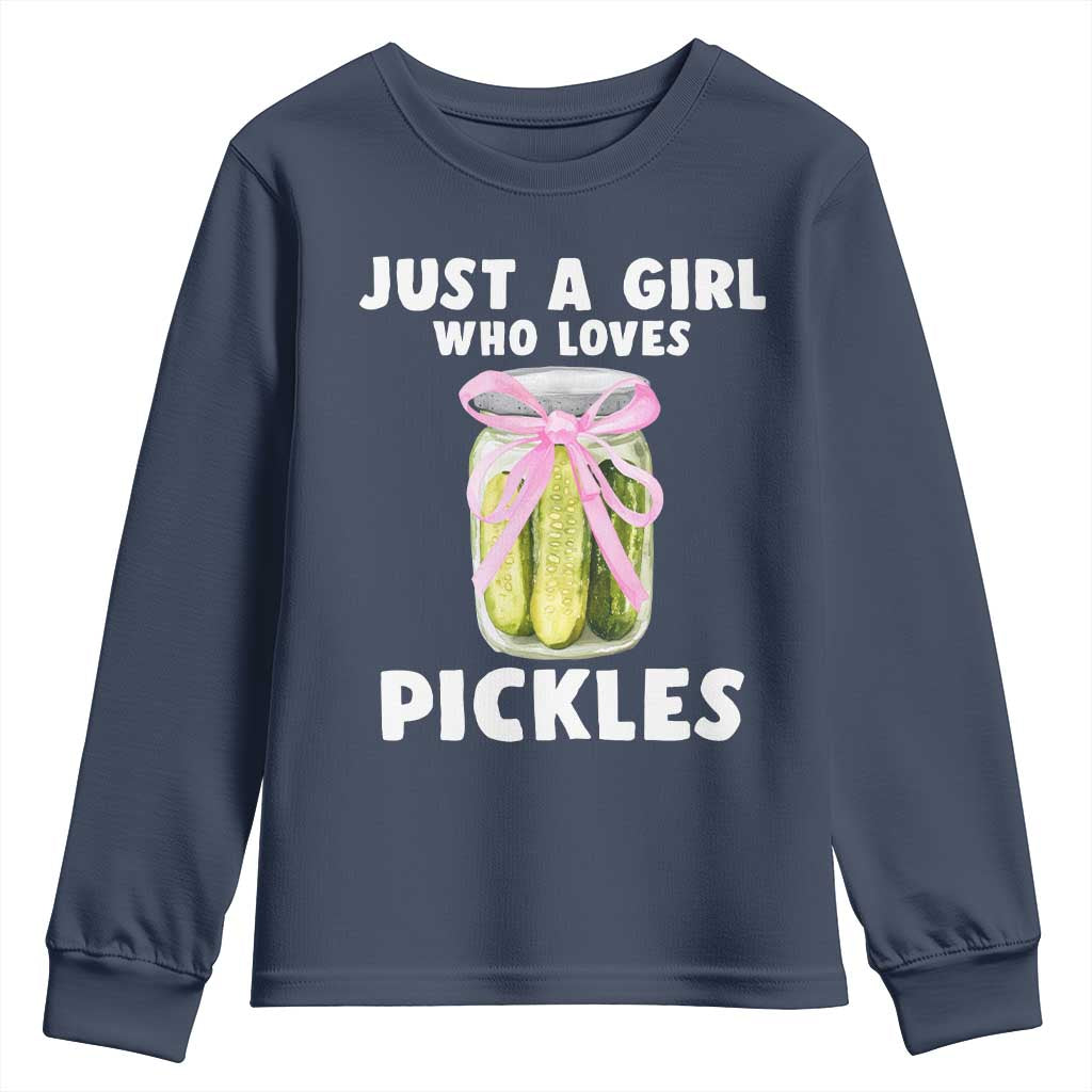 Just a Girl Who Loves Pickles Youth Sweatshirt Pickle Jars with Coquette Bow TS10 Navy Print Your Wear