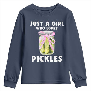 Just a Girl Who Loves Pickles Youth Sweatshirt Pickle Jars with Coquette Bow TS10 Navy Print Your Wear
