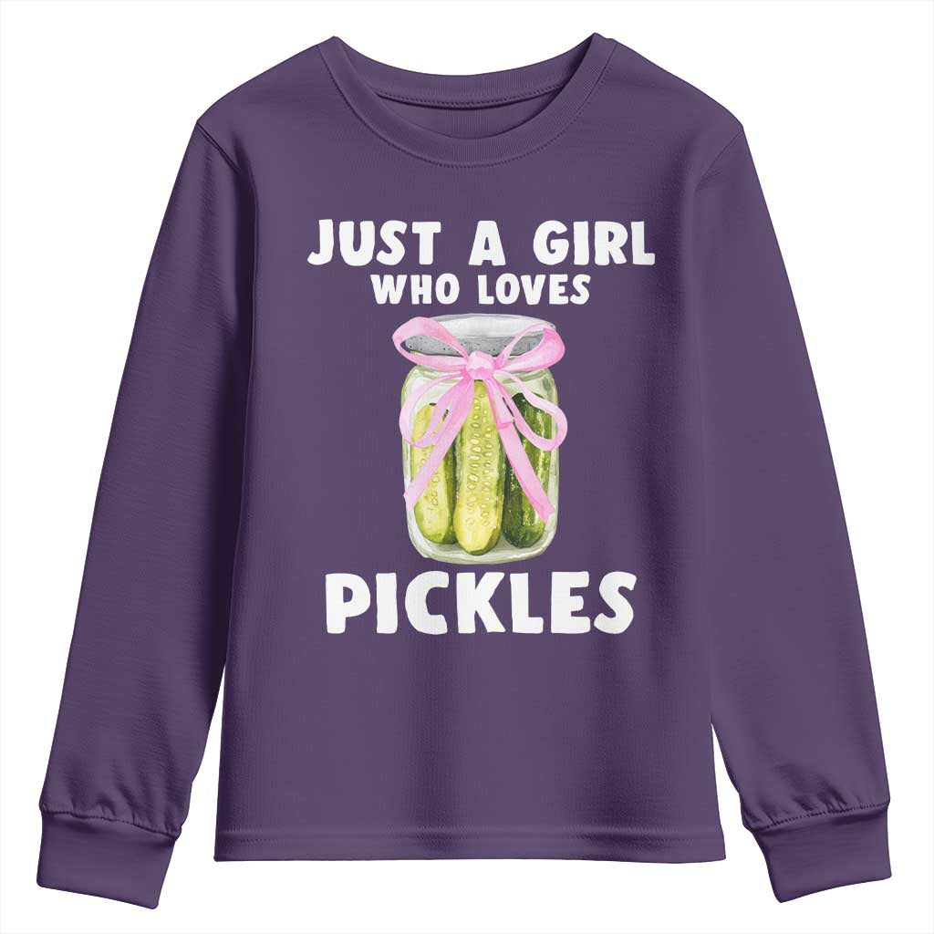 Just a Girl Who Loves Pickles Youth Sweatshirt Pickle Jars with Coquette Bow TS10 Purple Print Your Wear