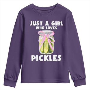 Just a Girl Who Loves Pickles Youth Sweatshirt Pickle Jars with Coquette Bow TS10 Purple Print Your Wear