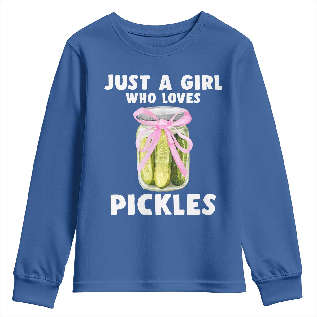 Just a Girl Who Loves Pickles Youth Sweatshirt Pickle Jars with Coquette Bow TS10 Royal Blue Print Your Wear