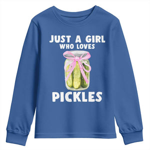 Just a Girl Who Loves Pickles Youth Sweatshirt Pickle Jars with Coquette Bow TS10 Royal Blue Print Your Wear