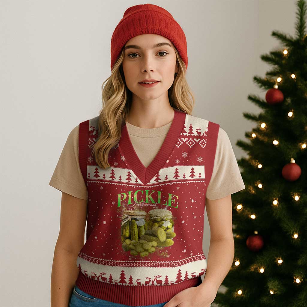Pickle Lovers V-Neck Knit Sweater Vest Retro Pickle Enthusiast Vintage 90s Graphic TS10 Red Beige Print Your Wear