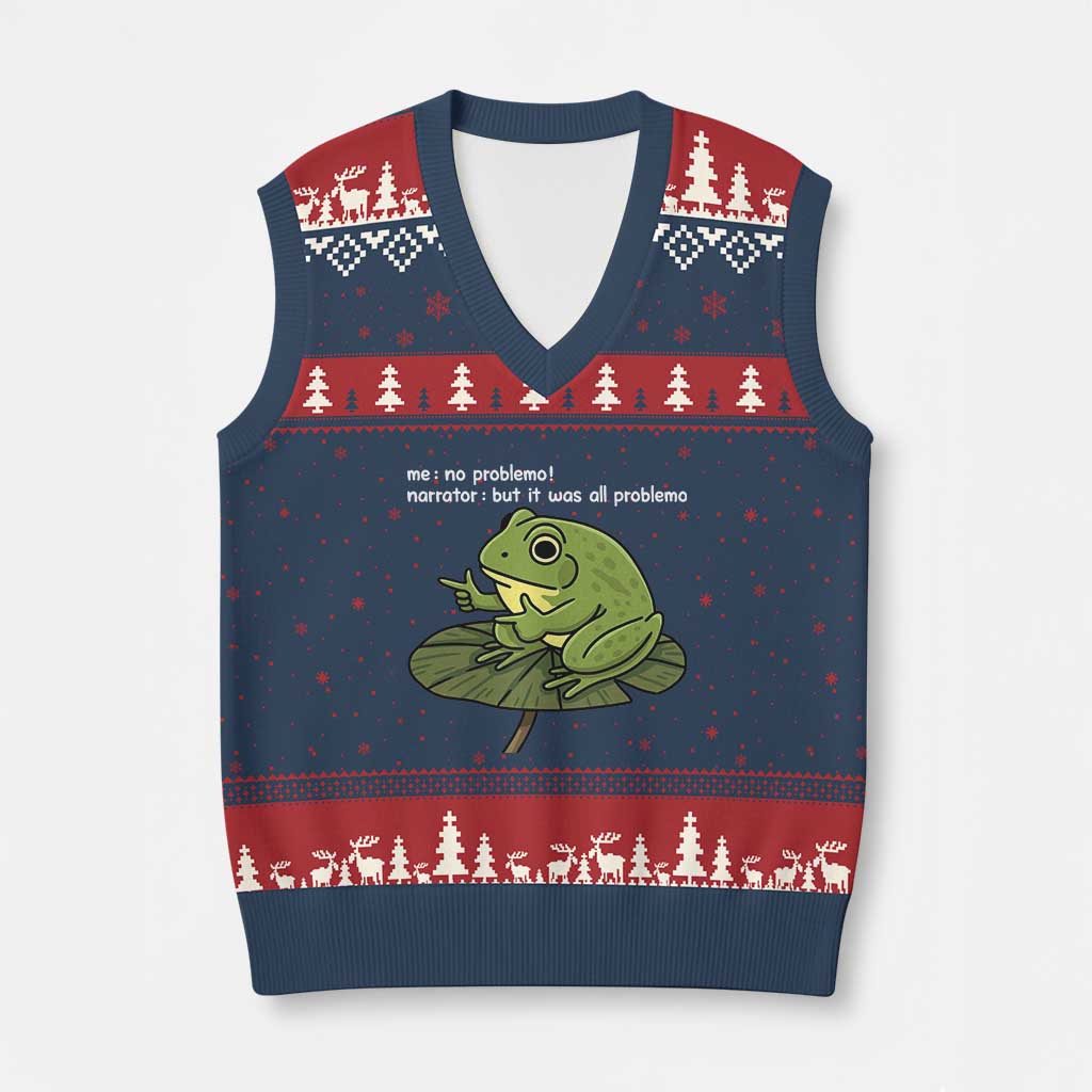 Funny Frog V-Neck Knit Sweater Vest Me No Problemo Narrator But It Was All Problemo TS10 Navy Red Print Your Wear