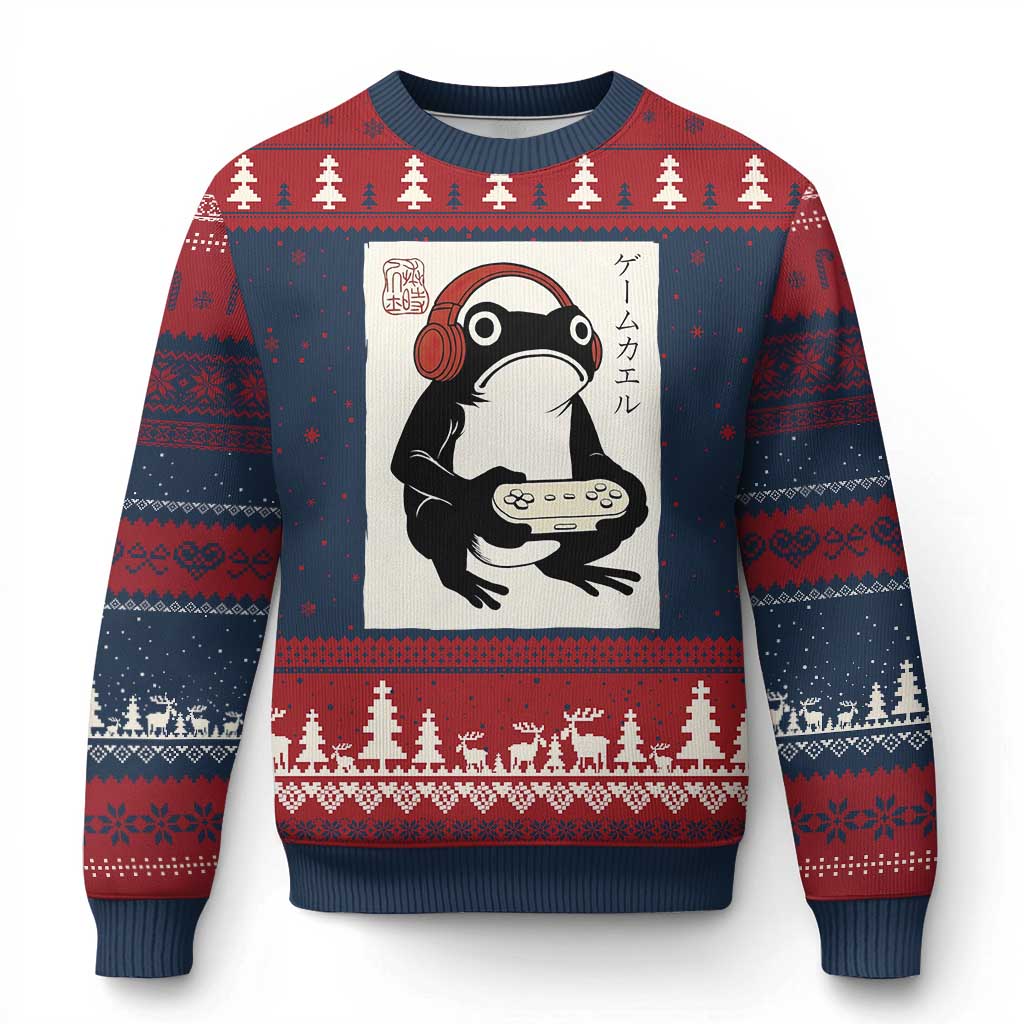 Japanese Gamer Frog Ugly Christmas Sweater Boys Funny Vintage Gaming TS10 Navy Red Print Your Wear
